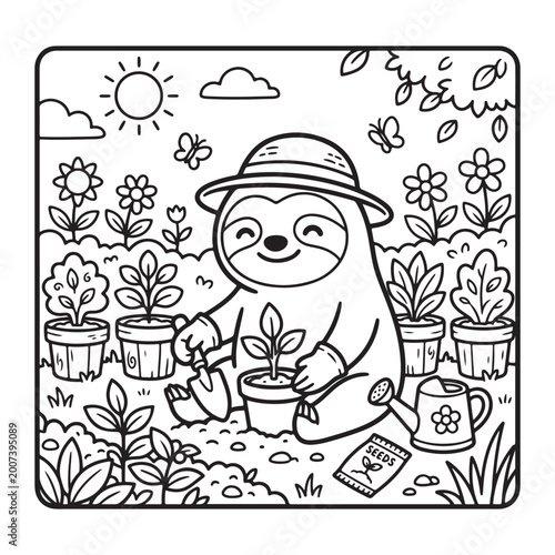 Cute sloth gardening plants coloring page for kids easy fun bold outline simple cartoon design