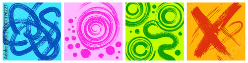 Abstract grunge background with vibrant colorful brushstrokes. Hand-drawn artistic textures with wavy organic loop lines and circles. Funky geometric colorful squiggles.