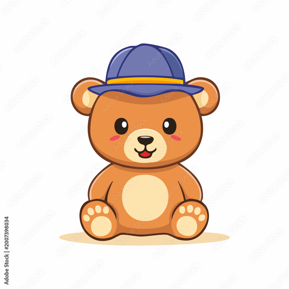 Naklejka premium Cute Cartoon Bear Wearing a Blue Hat