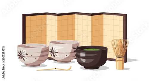 Traditional Japanese matcha tea ceremony set featuring ceramic chawan bowls with floral designs, a bamboo chasen whisk, chashaku scoop, and folding byobu screen on white background.