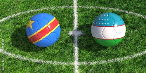 Cuadro en lienzo Soccer balls with congo and uzbekistan flags on green football pitch background