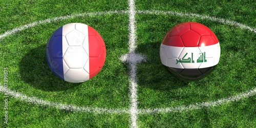 Bild auf Leinwand Soccer balls with france and iraq flags on a green football pitch background 3d
