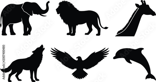 Canvas Print Collection of black animal silhouettes including elephant, lion, giraffe, howling wolf, soaring eagle, and jumping dolphin vector icons for nature and wildlife designs