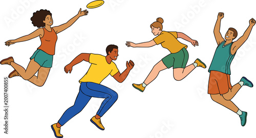 Schilderij op canvas Diverse Group of Happy People Playing Ultimate Frisbee and Running Together in Flat Vector Illustration Style for Summer Sports and Healthy Outdoor Lifestyle Concept