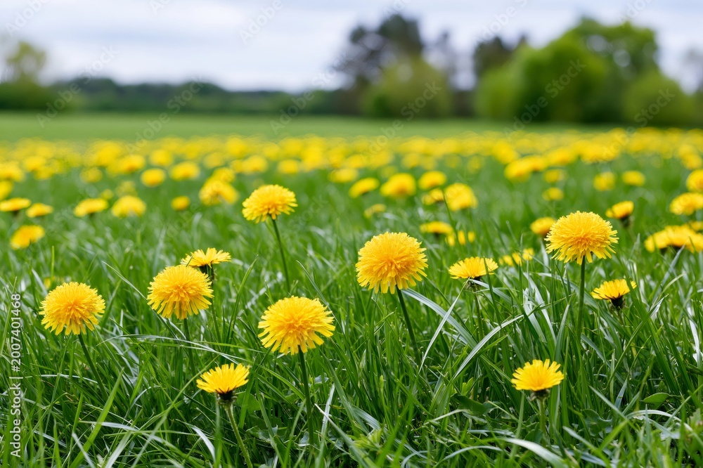 Fototapeta premium Bright yellow dandelions blooming in green grass field