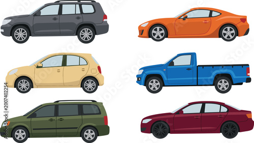 Flat Vector Car Collection Featuring SUV Sports Car Hatchback Pickup Truck Minivan and Sedan Models Isolated on White Background for Automotive Industry Marketing and Transportation Design.