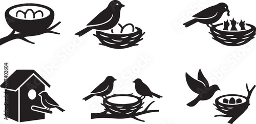 Photos Bird Nest and House Silhouette Icon Set Vector