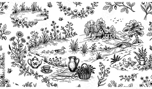 Foto Vintage Toile de Jouy seamless pattern with ducks pond florals and cozy kitchen