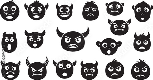 Photos Monster Emoji Silhouette Set: Scary Horned Creature Faces