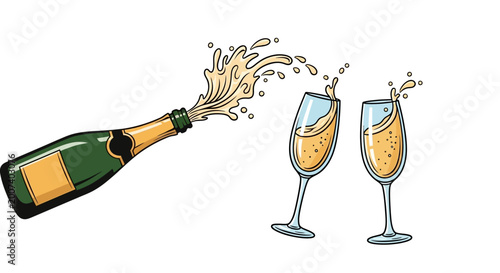 Photography Champagne bottle pouring into glasses.
