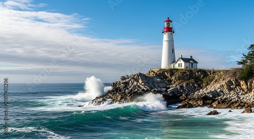 A white and red nautical tower stands as a safety beacon on the rocky Maine and Fuerteventura coastlines where the ocean meets the sky
