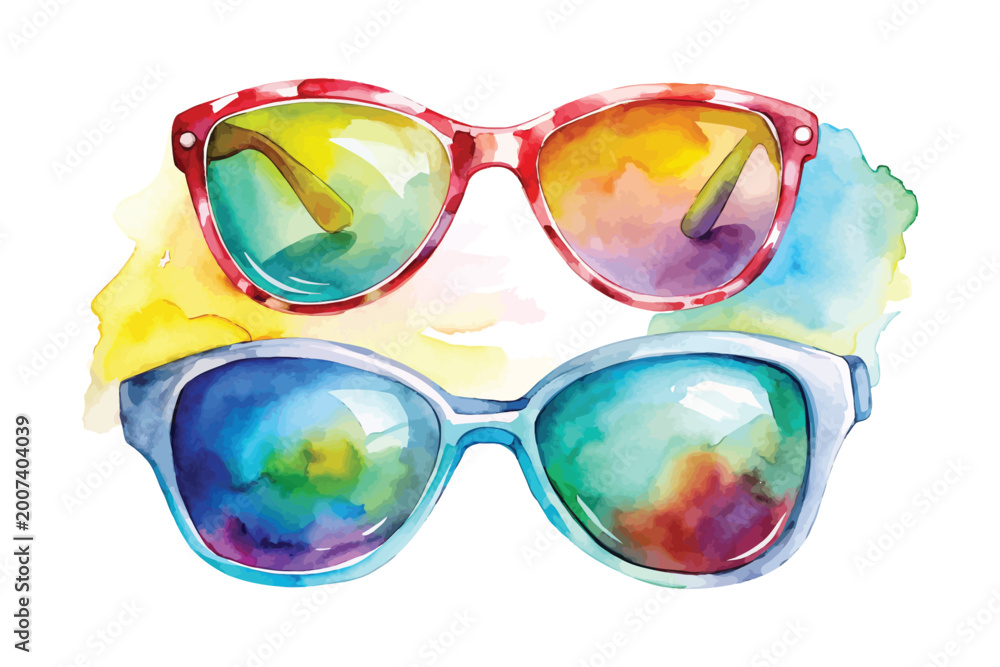 Wall Mural Watercolor Sunglasses Clipart, Trendy Beach Fashion Accessory, Isolated on White