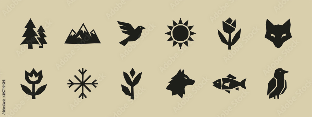 Fototapeta premium Set of minimalist geometric nature icons featuring animals plants mountains and weather symbols