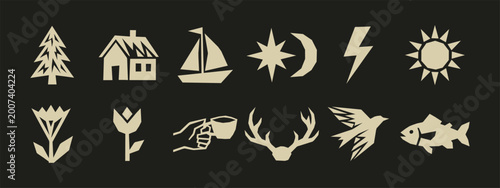 Quadro su tela Set of paper cut style geometric nature icons including tree house sun and anima