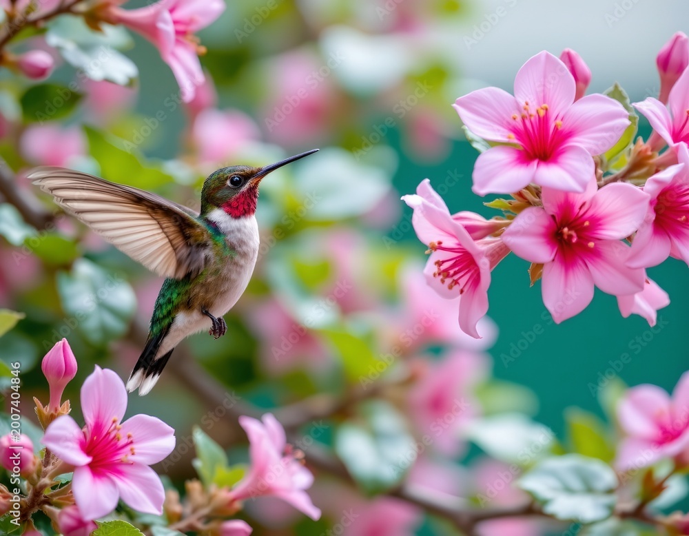 Fototapeta premium Colorful Hummingbird Hovering Near Blush Pink