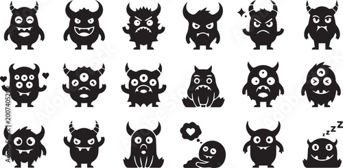 Obraz na plátne Cute Horned Monster Silhouettes and Alien Creature Icons Set