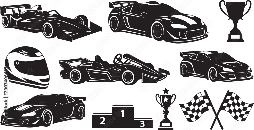 Fototapeta premium Racing Car Silhouette Icons Set Sport Vector Elements