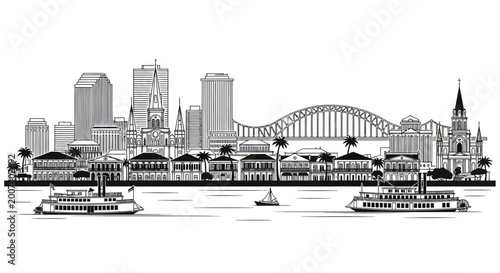 Fotografie New Orleans Skyline Illustration with Steamboats and Mississippi River