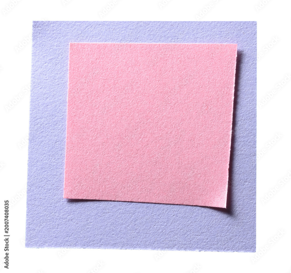 Fototapeta premium Two pink purple overlapping square paper memo message notes with copy space for text isolated on transparent png background