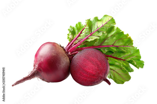 Two red beets with green leaves on top. The beets are fresh and ready to be eaten, png