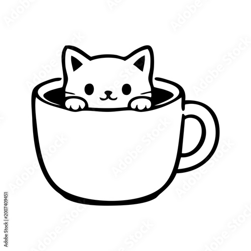 Logo cafetería Pet Friendly. Dibujo sencillo con líneas de un gato simpático asomando de una taza de café