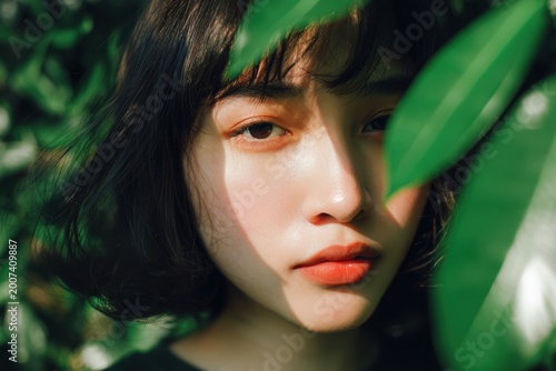 短い髪の若い女性は緑の葉を通して見ます