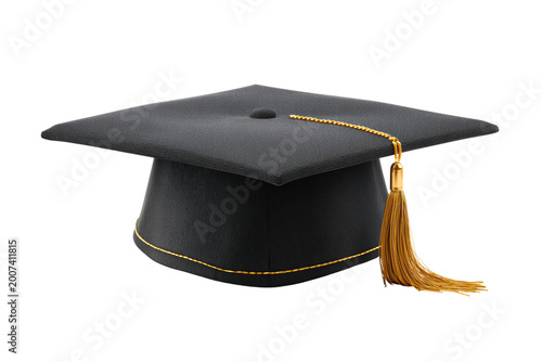 A black graduation cap with a gold tassel. The cap is sitting on a white background, png