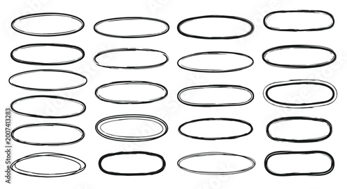 Collection of numerous hand-drawn black oval frames with textured, sketchy edges arranged in four columns on a white background.
