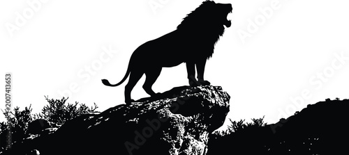 Tableau sur toile Lion silhouette on rocky outcrop against white background