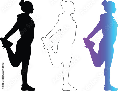 Women quad stretch fitness silhouette outline and purple blue gradient sports icon set