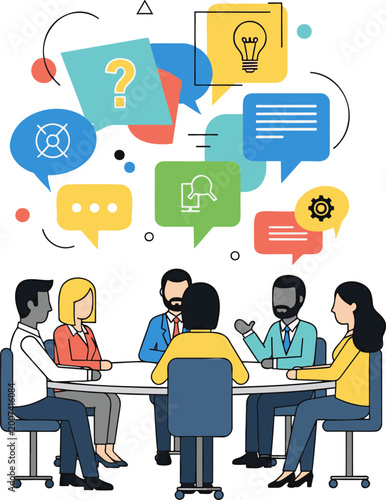 A diverse team of professionals engaging in a collaborative discussion, generating new ideas and solving problems in a modern business meeting setting.