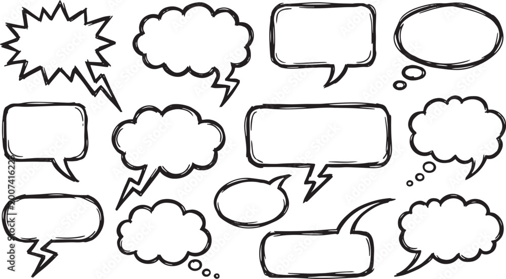 Obraz premium Collection of empty comic speech bubble doodles, various comic style dialogue balloons with different tails and shapes.