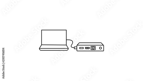 Vászonkép Docking station vector icon with editable stroke representing a laptop connected to a peripheral hub workstation illustration in a minimalist black line style for office technology design