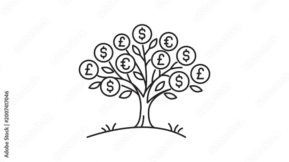 Fototapeta premium Wealth management minimalist black line vector icon with editable stroke on a white background representing a flourishing plant growing from a coin pot for investment growth and financial success
