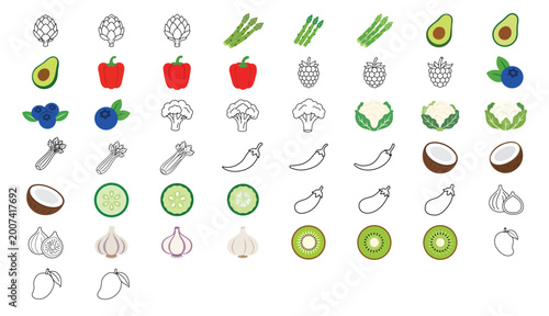Bild auf Leinwand Vector icon set of 50 hand-traced minimalist line icons for fresh vegetables and