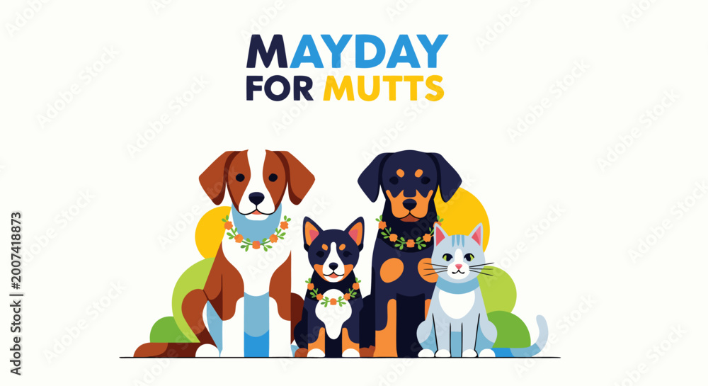 Fototapeta premium A cheerful Mayday for Mutts illustration celebrating the joy and diversity of rescue dogs and a cat, promoting pet adoption and animal welfare