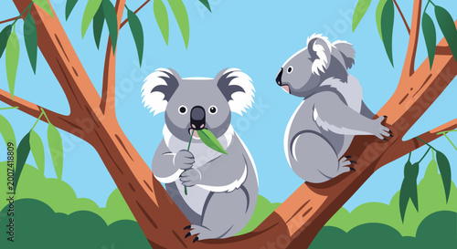Foto Cute koalas vector illustration Two marsupials relaxing on a eucalyptus tree bra