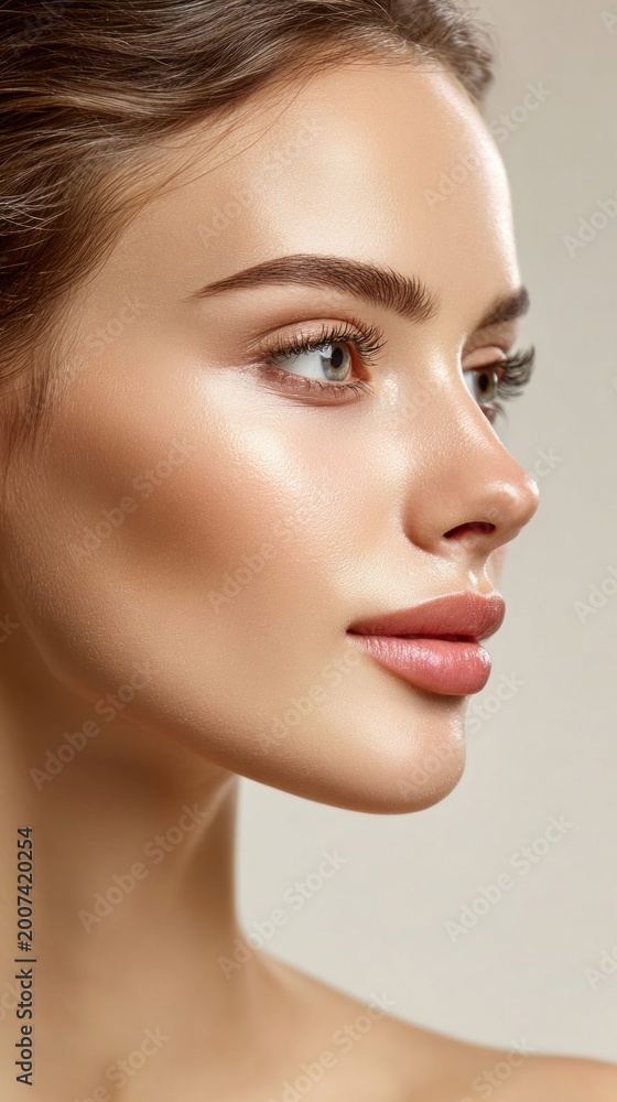 Fototapeta premium Close-up profile of a young woman's face with flawless, glowing skin and perfect makeup