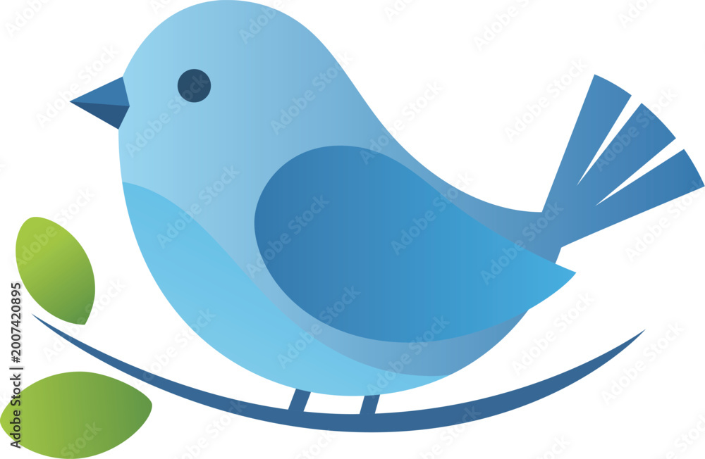 Obraz premium A cute blue bird icon perched on a branch carries a letter in this fun nature illustration featuring a cartoon style design and vibrant vector animal symbols