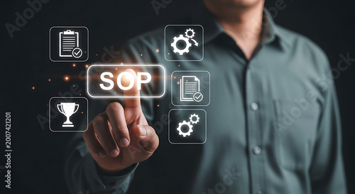 Businessman touching SOP button with standard operating procedure business icons