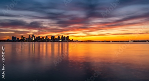 San Diego City Skyline at Sunset with Dramatic Sky Reflected in Water