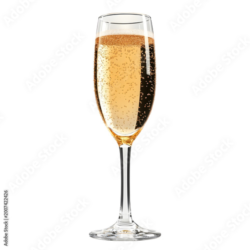 Front view of a sparkling champagne flute for New Year's isolated on a white transparent background