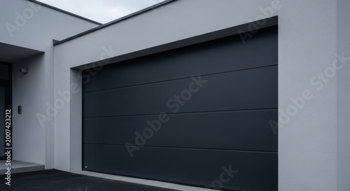 Dark charcoal sectional garage door with a smooth matte finish on a modern residential property exterior