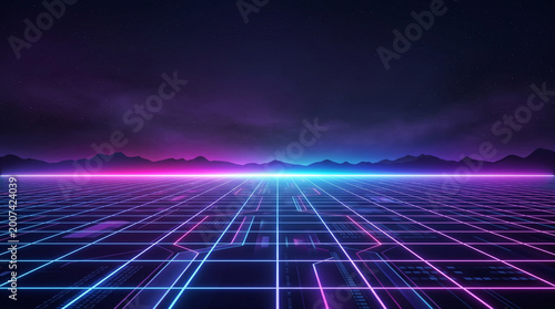 A futuristic neon grid landscape with glowing lines stretching towards silhouetted mountains under a starry purple sky.