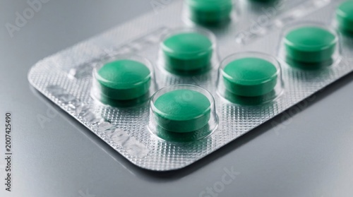 Silver metallic blister pack containing round vibrant emerald green pharmaceutical pills rests carefully upon a smooth grey clinical table.