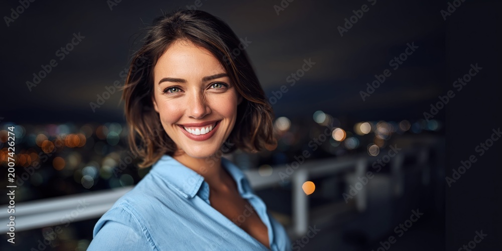 Fototapeta premium Smiling woman in her 40s on a rooftop overlooking city lights at night