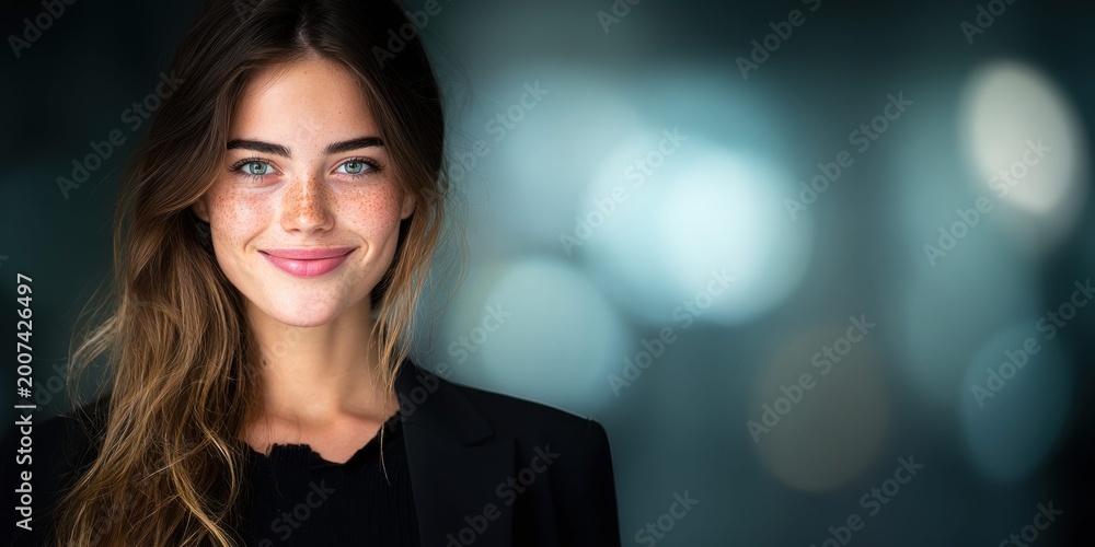 Obraz premium Young woman with freckles and blue eyes smiling confidently in a professional setting
