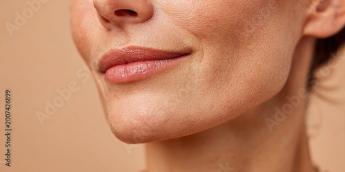 Close-up macro shot of a woman's lips and jawline with subtle smile lines