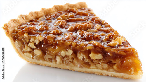 Single slice of caramel walnut pie isolated on white background