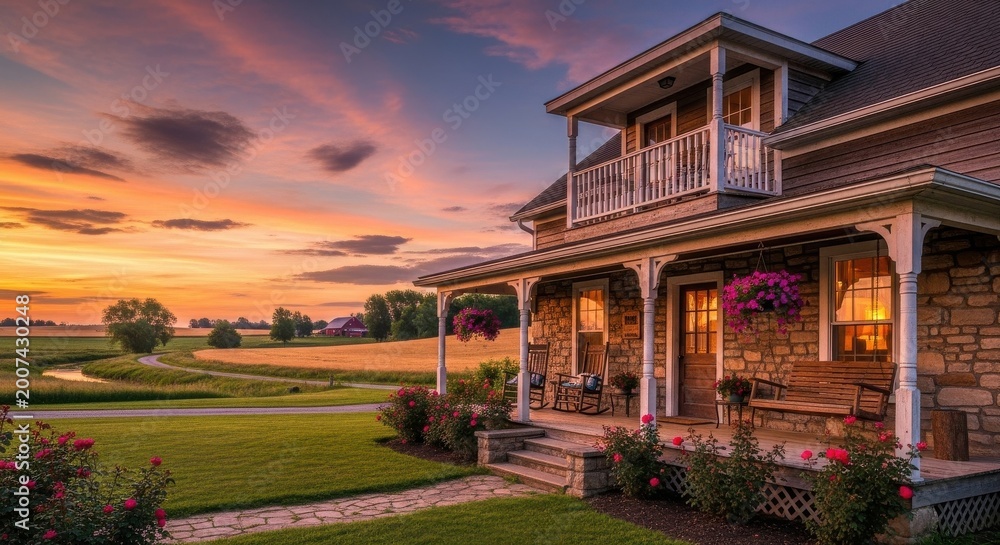 Obraz premium Charming Farmhouse with Wrap-Around Porch at Golden Sunset in Idyllic Rural Landscape